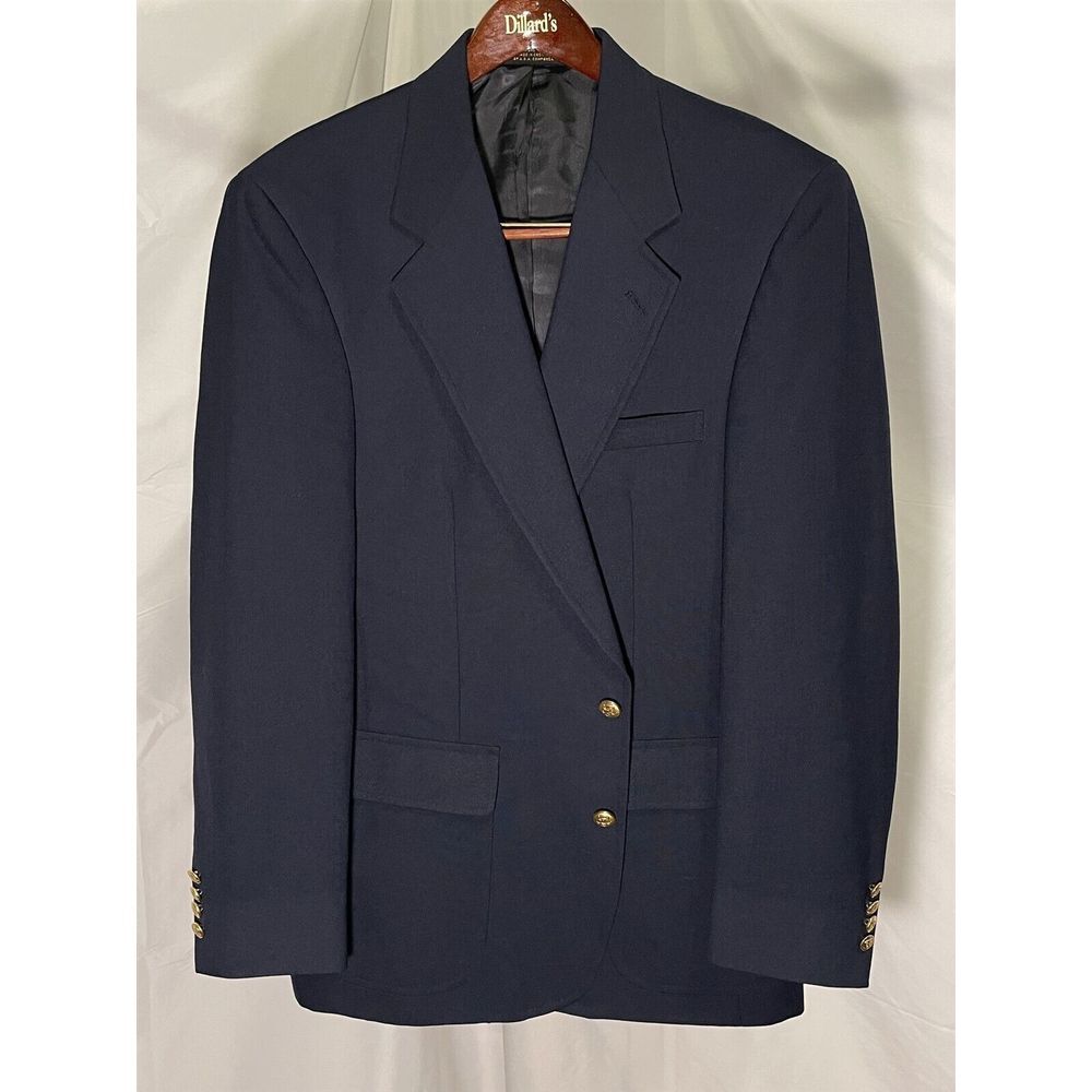 VTG GANT 42L USA MADE Navy Wool Hopsack Crest Gold Button 2Btn Blazer